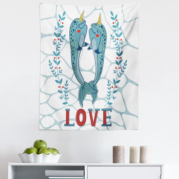 Narwhal Tapestry, Couple of Whales in Love Valentines Day Image Abstract Background, Fabric Wall Hanging Decor for Bedroom Living Room Dorm, 5 Sizes, Multicolor, by Ambesonne