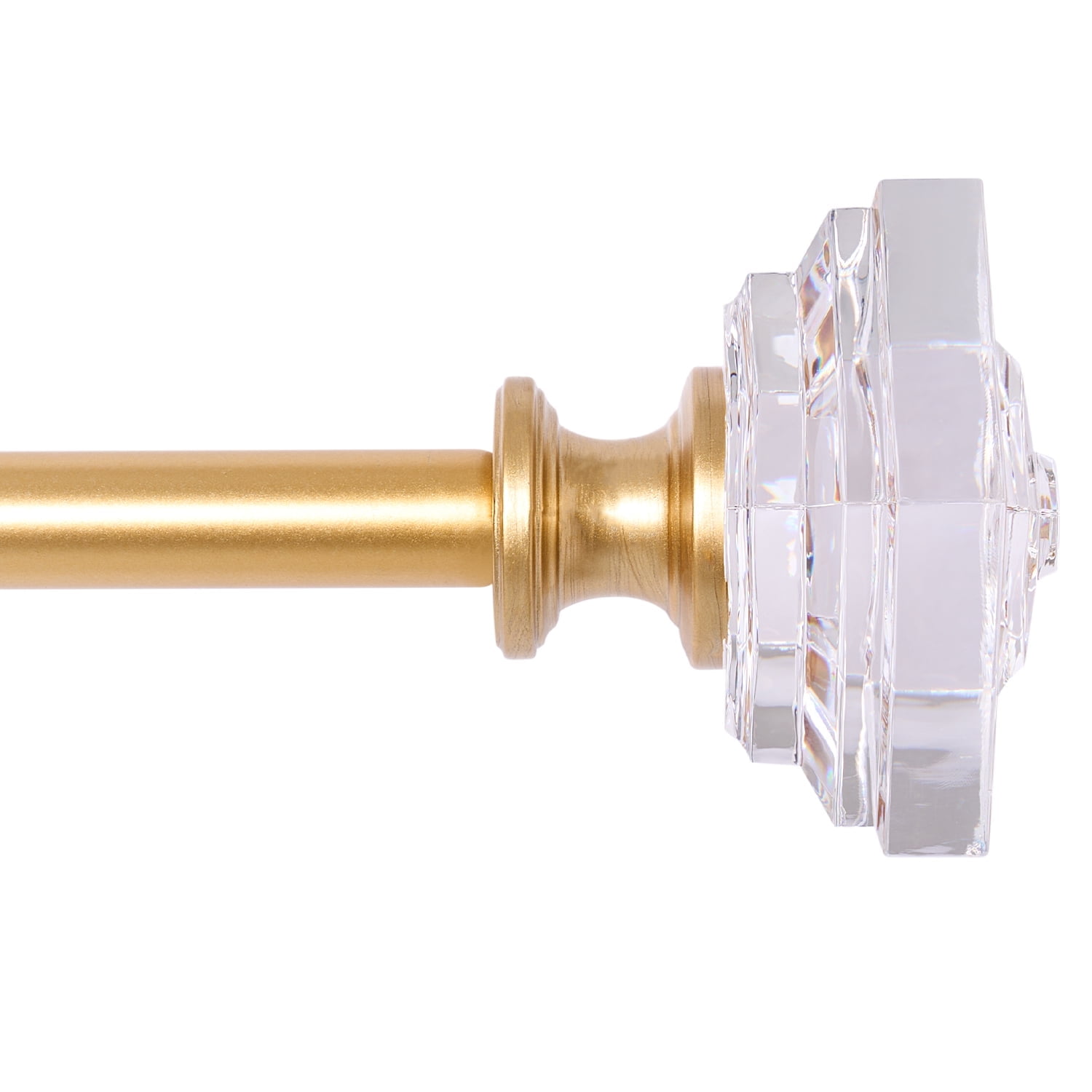 Curtain Rod Adjustable Window Drapery Rods with clear acrylic plexiglass square finials, 3piece brackets, hardware kits. Gold 28-48 inches.