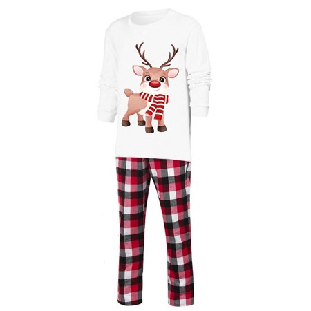 

Family Christmas Pjs Matching Sets Long Sleeve Elk Printed Tops + Elastic Plaid Pants/Romper Sets