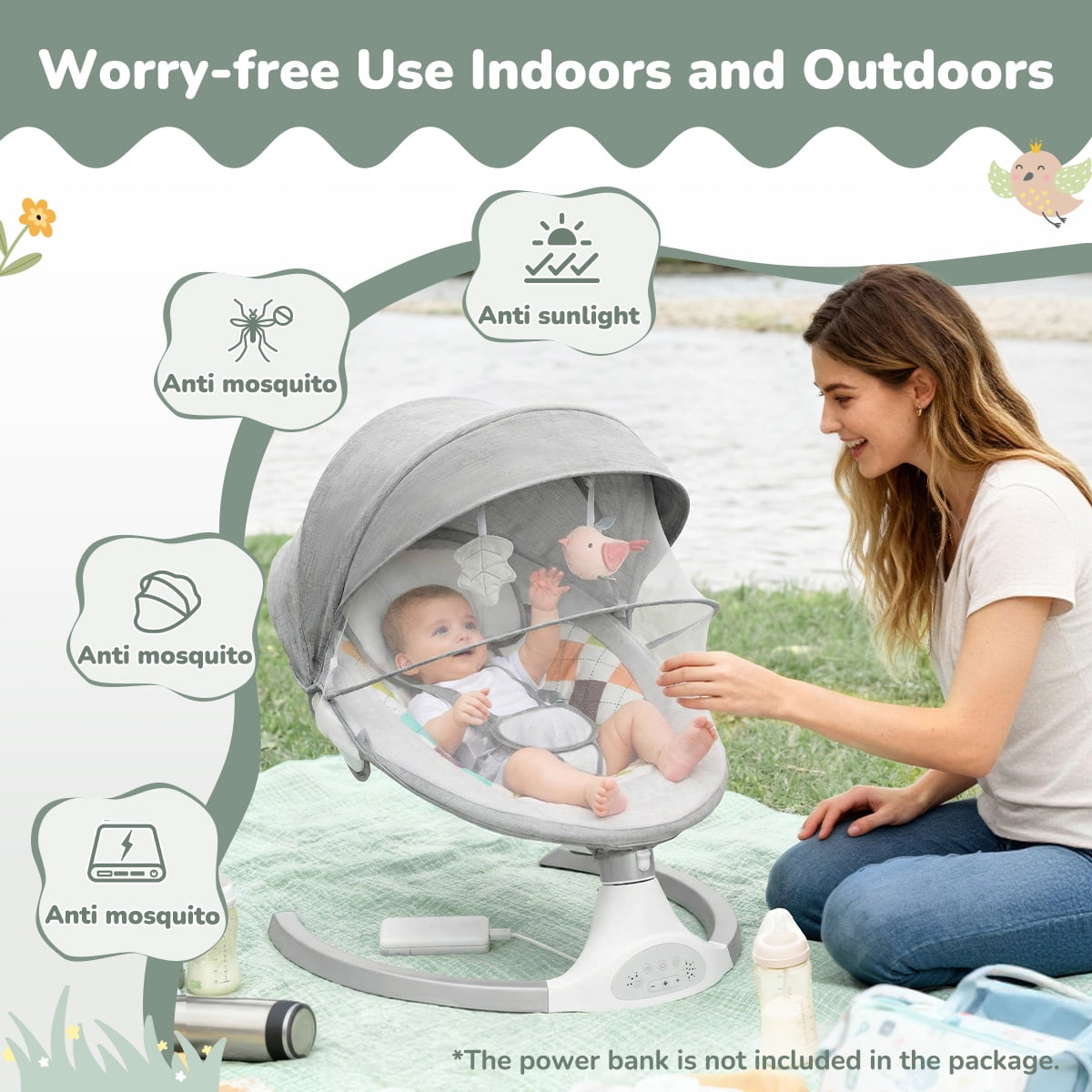 Baby Swing for Infants, Caveen Baby Rocker with Dinner Plate, 5 Swing Speeds, Adapter Battery Operated, Indoor,Outdoor, Grey
