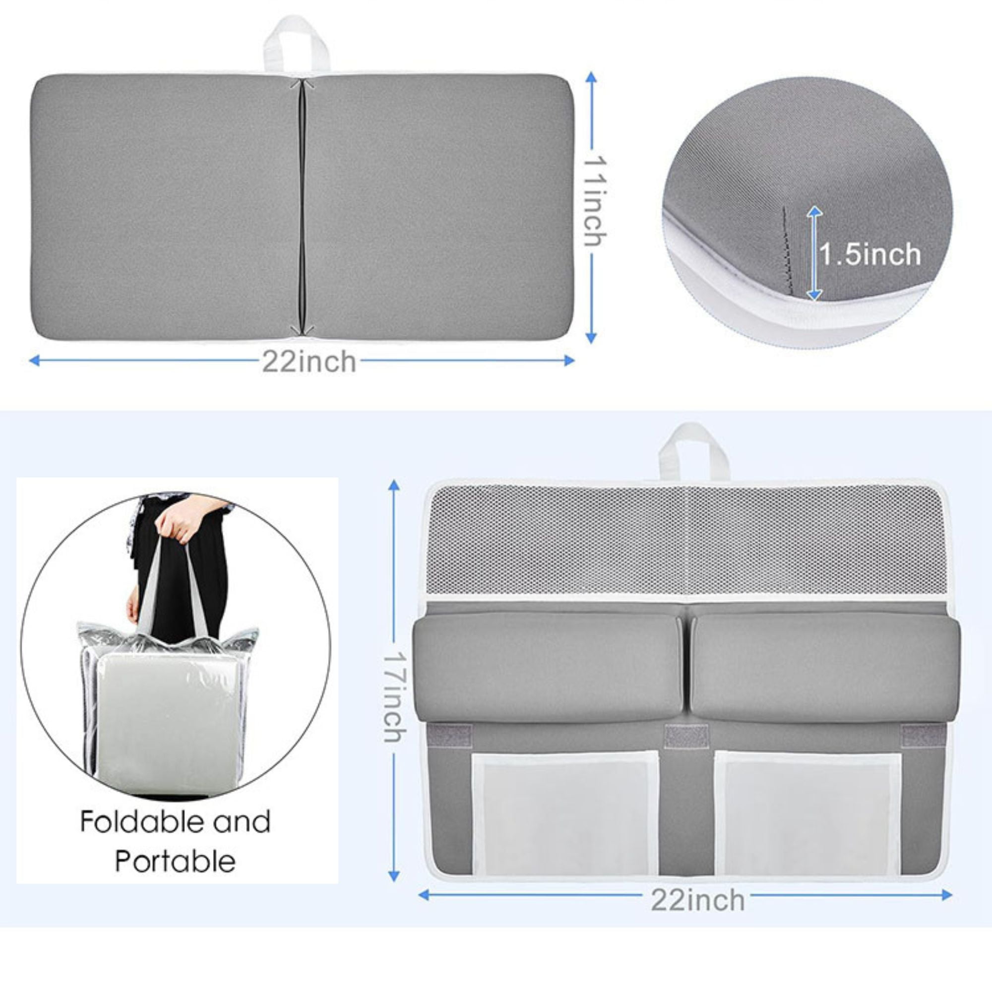 FTCBJJA Baby Bath Kneeler and Elbow Rest Pad Set, Built-In 4 Toys Organizer Pockets, 1.5" Thick Painless Non-Slip Bath Kneeling Mat for bathing baby or pet (Dark Gray)