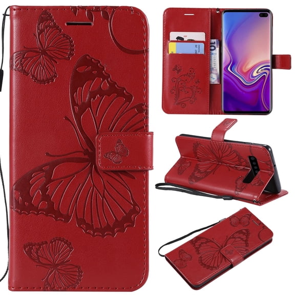 S10 Plus Case, Samsung Galaxy S10 Plus Case - Allytech Premium Wallet PU Leather with Fashion Embossed Floral Butterfly Magnetic Clasp Card Holders Flip Cover with Hand Strap, Red