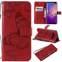 S10 Plus Case, Samsung Galaxy S10 Plus Case - Allytech Premium Wallet PU Leather with Fashion Embossed Floral Butterfly Magnetic Clasp Card Holders Flip Cover with Hand Strap, Red