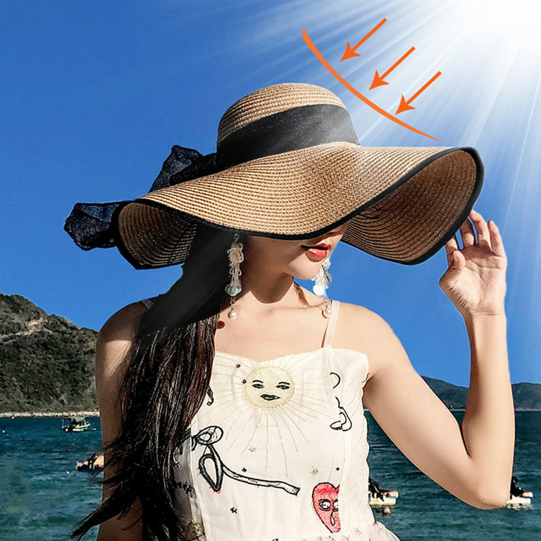 Honrane Women Sun Hat Contrast Color Sun Protection Anti-UV Ribbon Decor  Bow-knot Beach Hat Headwear 