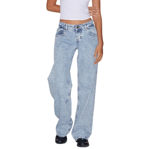 Pantalones vaqueros informales de tiro bajo para mujer, Vaqueros sueltos de pierna recta con bolsillos para verano y primavera