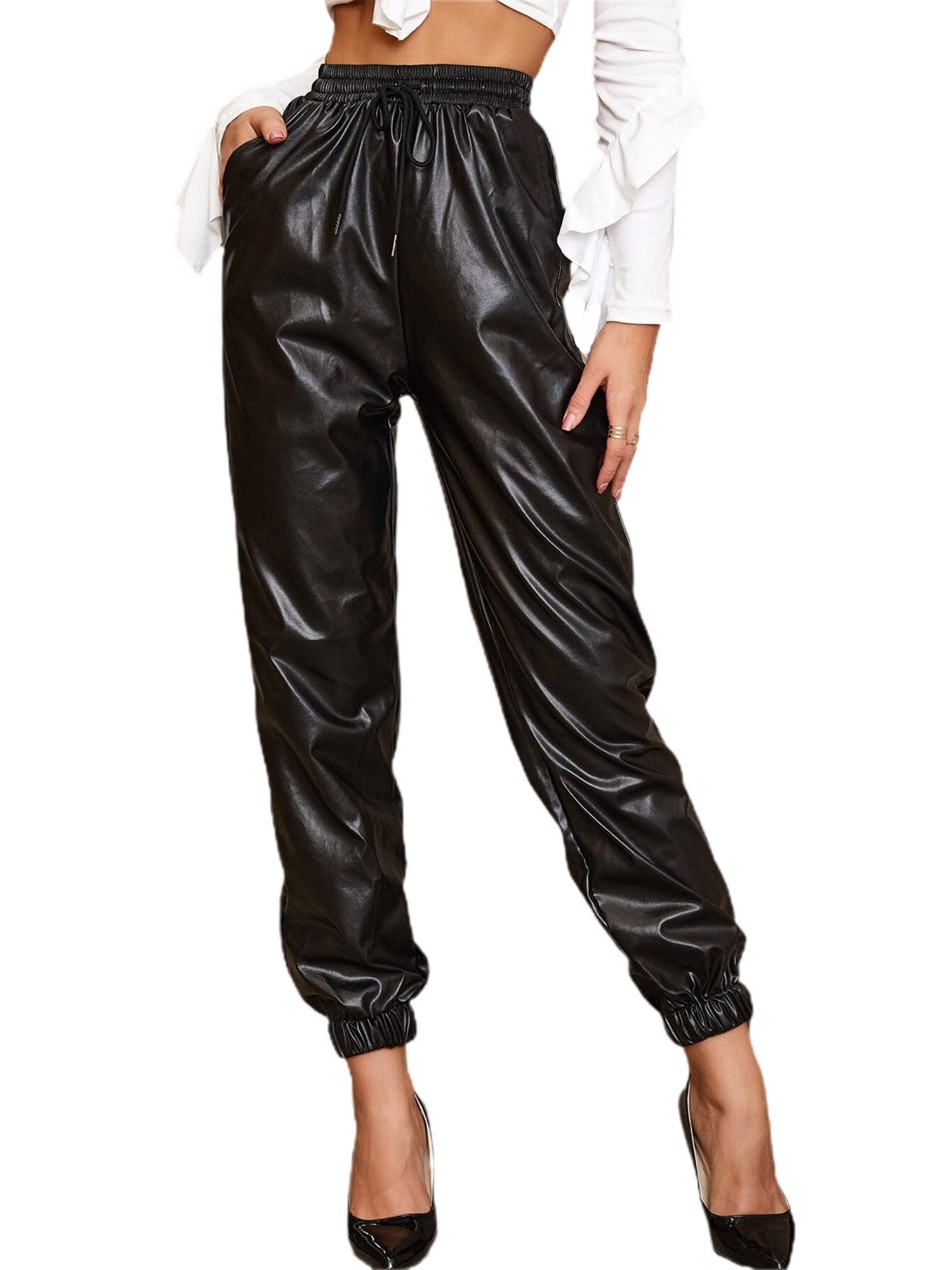 Womens Ladies Faux Leather PU Shiny Wet Look Cuffed Bottom Joggers Trousers Pant 