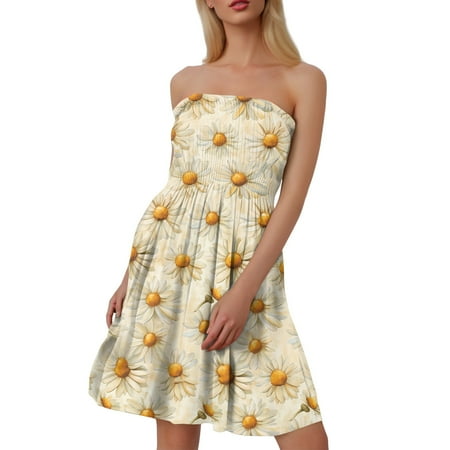 Nokdvo Womens Petite Dresses Boho Strapless Beach Sundress Sleeveless Coverup Swimsuit Dress Trendy Flowy Summer Outsits Orange XL