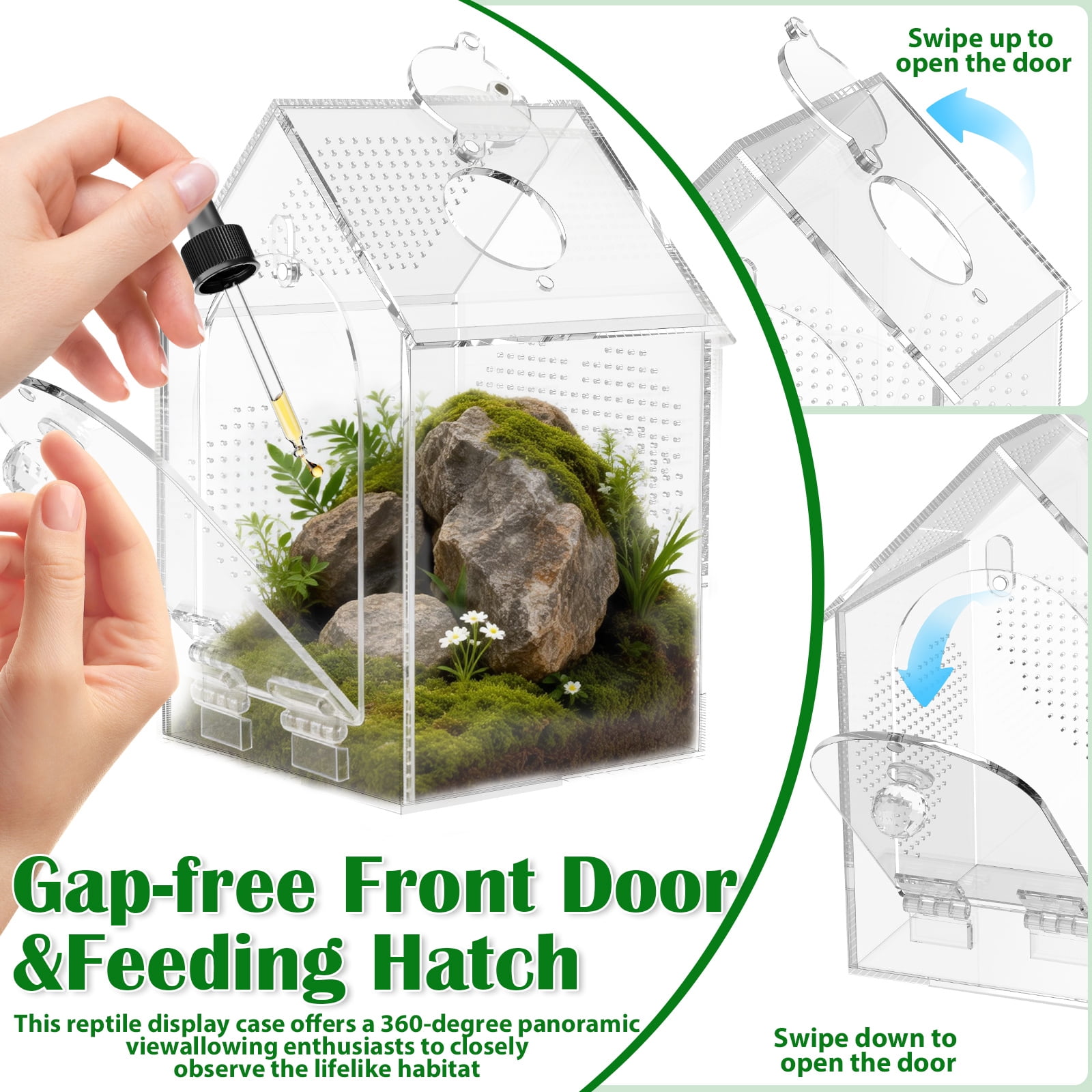 Ikoopy Jumping Spider Enclosure Warp Proof Seamless Acrylic Tarantula Terrarium Front Opening Spider Habitat with Feeding Port for Praying Mantis Hermit Crab Snail Micro Reptile (4.72x4.72x7.87 inch)