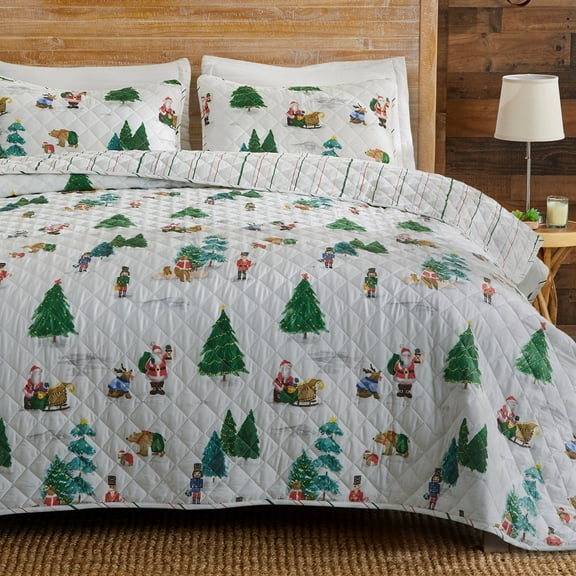 Holiday Printed Microfiber Reversible Quilt Set with Shams (Full / Queen, Watercolor Santa & Friends)
