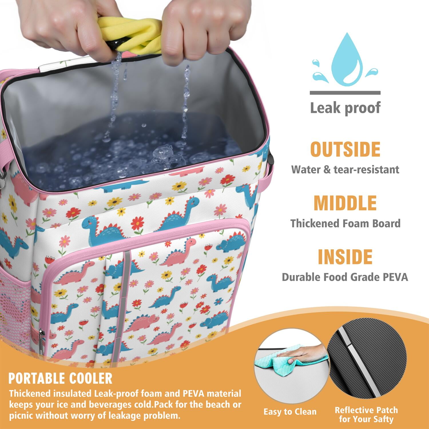 Travel Cooler Bag - White Cartoon Dinosaurs Flowers Pattern Camping Beer Cooler Backpack with Bottle Opener- Waterproof Insulated Picnic Backpacks - Cooler Bag for Beach