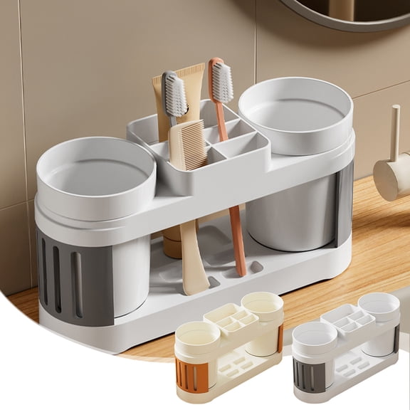 Toothbrush Holder Bathroom Organizer, Multifunctional Plastic Storage Compartment with Detachable Mouthwash Cup, for Countertops, Gray Orange, 9 x 4.8 x 2.87 in