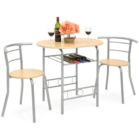 Round Table & Chair Sets Best Choice Products 3-Piece Wooden Kitchen Dining Room Round Table and Chair Set with Built-In Wine Rack, Natural ()
