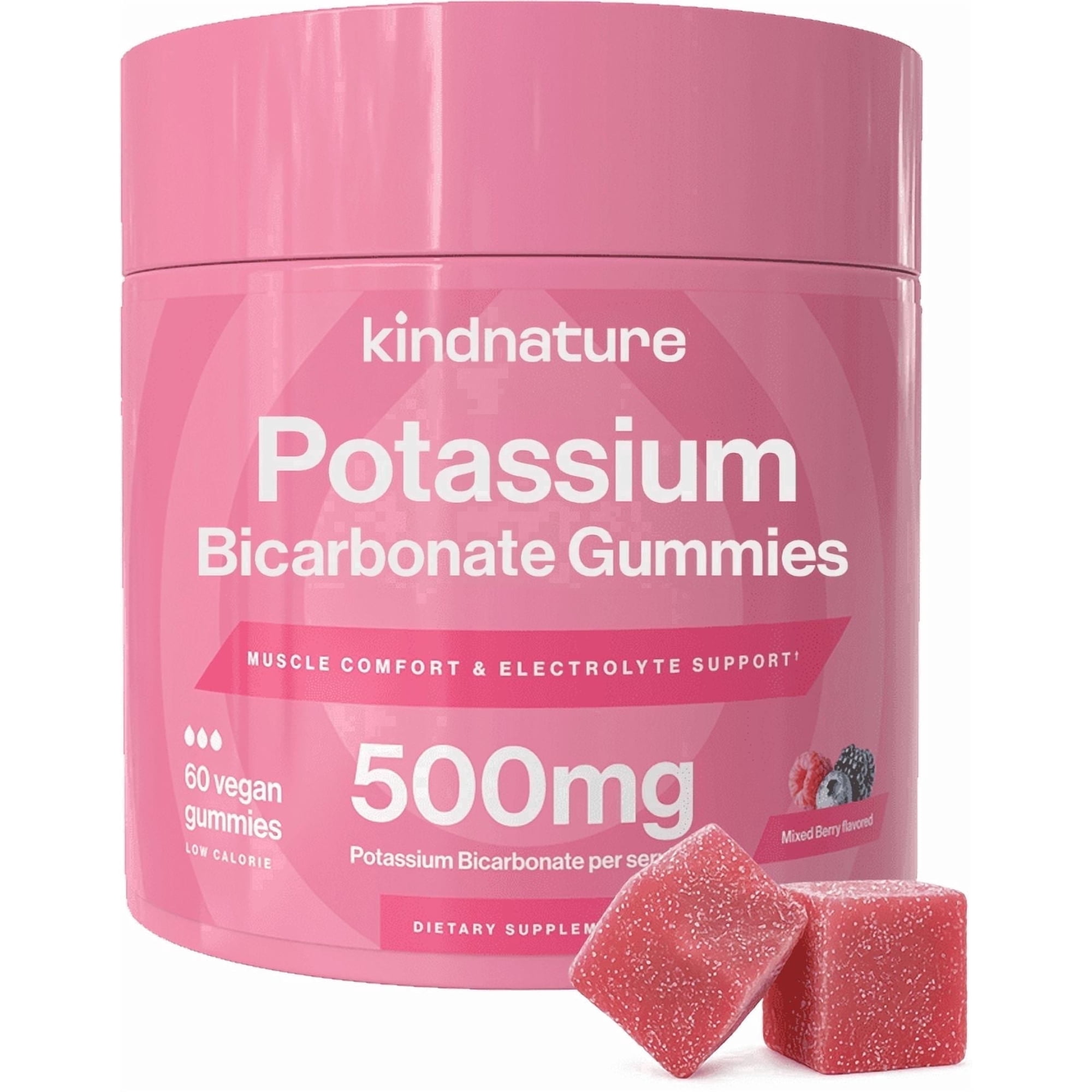 Kindnature Potassium Bicarbonate 500mg Gummies – Leg Cramps, Hydration & Energy – Mixed Berry – Vegan – 60ct