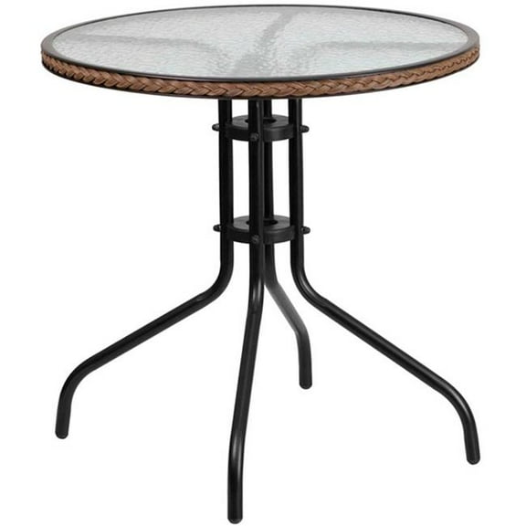 Global Industrial B2540180 Flash Furniture 28 in. Round Tempered Glass Metal Table with Dark Brown Rattan Edging