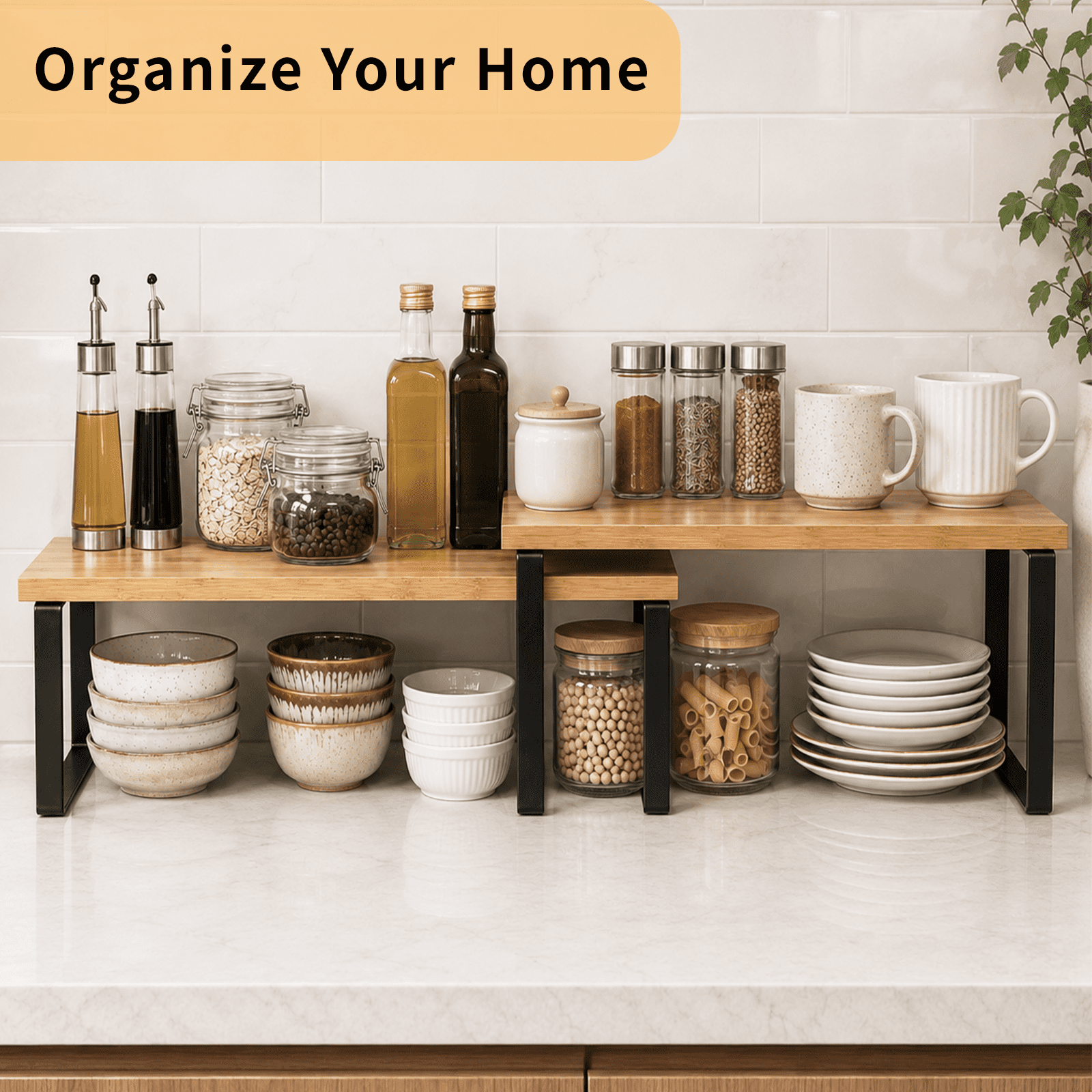 Koomade 2 Pack Cabinet Organizers Shelves, Multipurpose Storage Rack, Kitchen Cabinet Storage, 11.7''W, Bamboo wood tone + Black