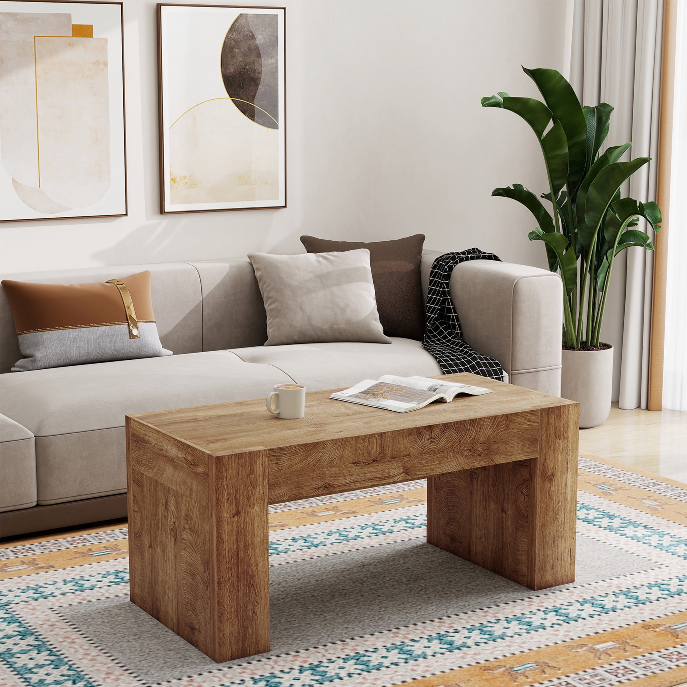 Noble House 48" Farmhouse Living Room Coffee Table, Rectangle Wooden Center Table with Hidden Storage, Natural