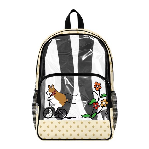 ZIATUBLES Clear Backpack, Heavy Duty Fabric & PVC Transparent Bookbag with Corgi Bicycle Flowers Polka Dots Print, Large Capacity See Through Backpack for School College Work Travel Security