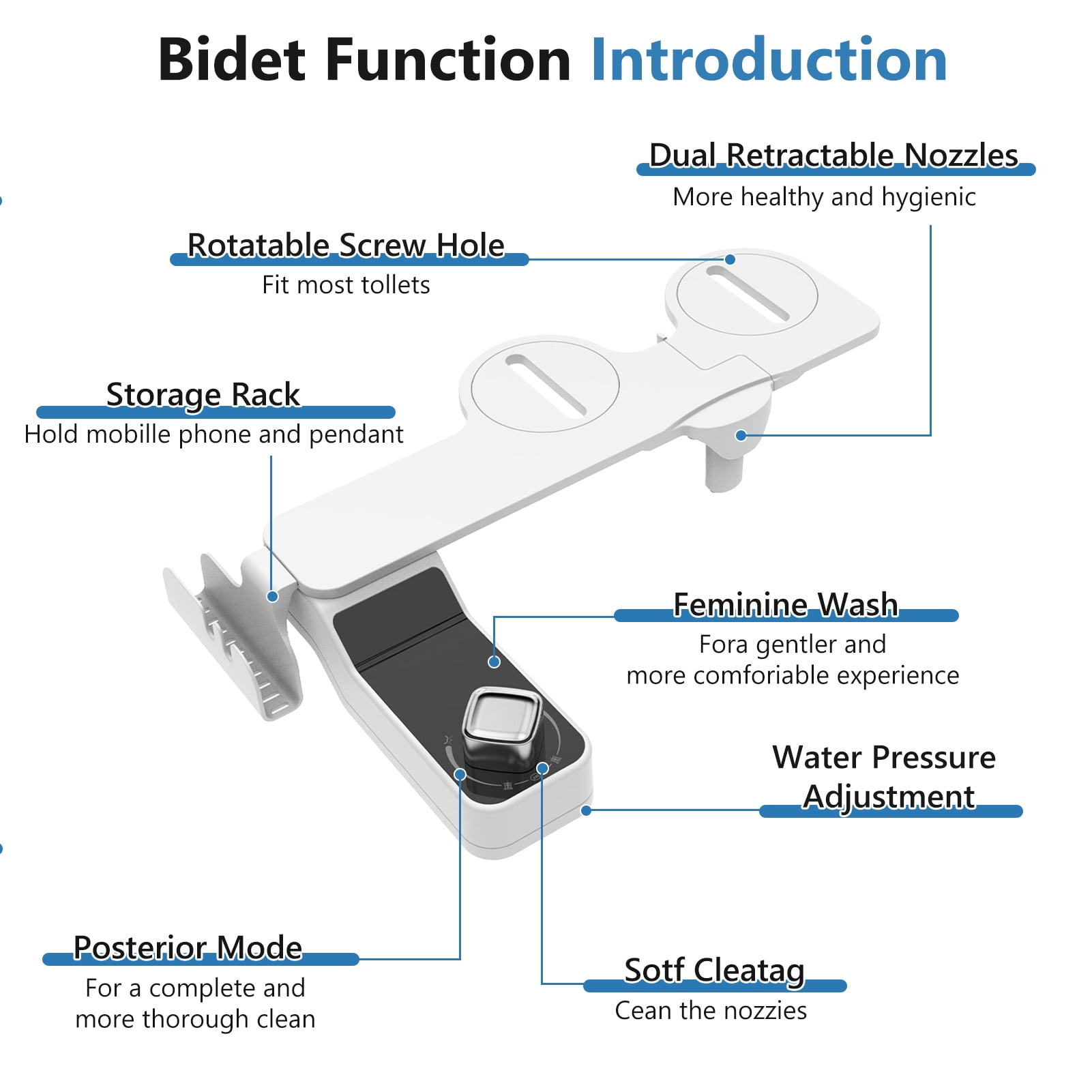 Bidet Attachment for Toilet, Non Electric, Self Cleaning Dual Nozzles for Front and Rear Cold Water Wash, Adjustable Water Pressure