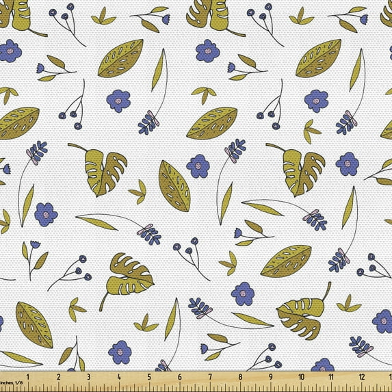 Autumn Fabric by the Yard, Leaves Monstera Oak Chestnut Pine Birch Tree Foliage Fall Season, Decorative Upholstery Fabric for Sofas and Home Accents, Violet Blue Fawn and White by Ambesonne