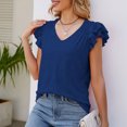 thumbnail image 2 of Top de verano para mujer, cuello en V, hombros fruncidos, manga corta con volantes, Tops básicos sueltos informales elegantes, azul marino XXL, 2 of 7