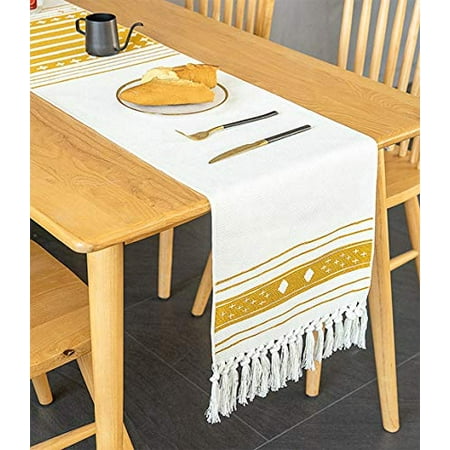 

Fennco Styles Stripe Cross Print Braided Tassel Cotton Table Runner 14 W x 87 L - Mustard Yellow Table Cover for Home Dining Table Banquet Family Gathering and Special Occasion