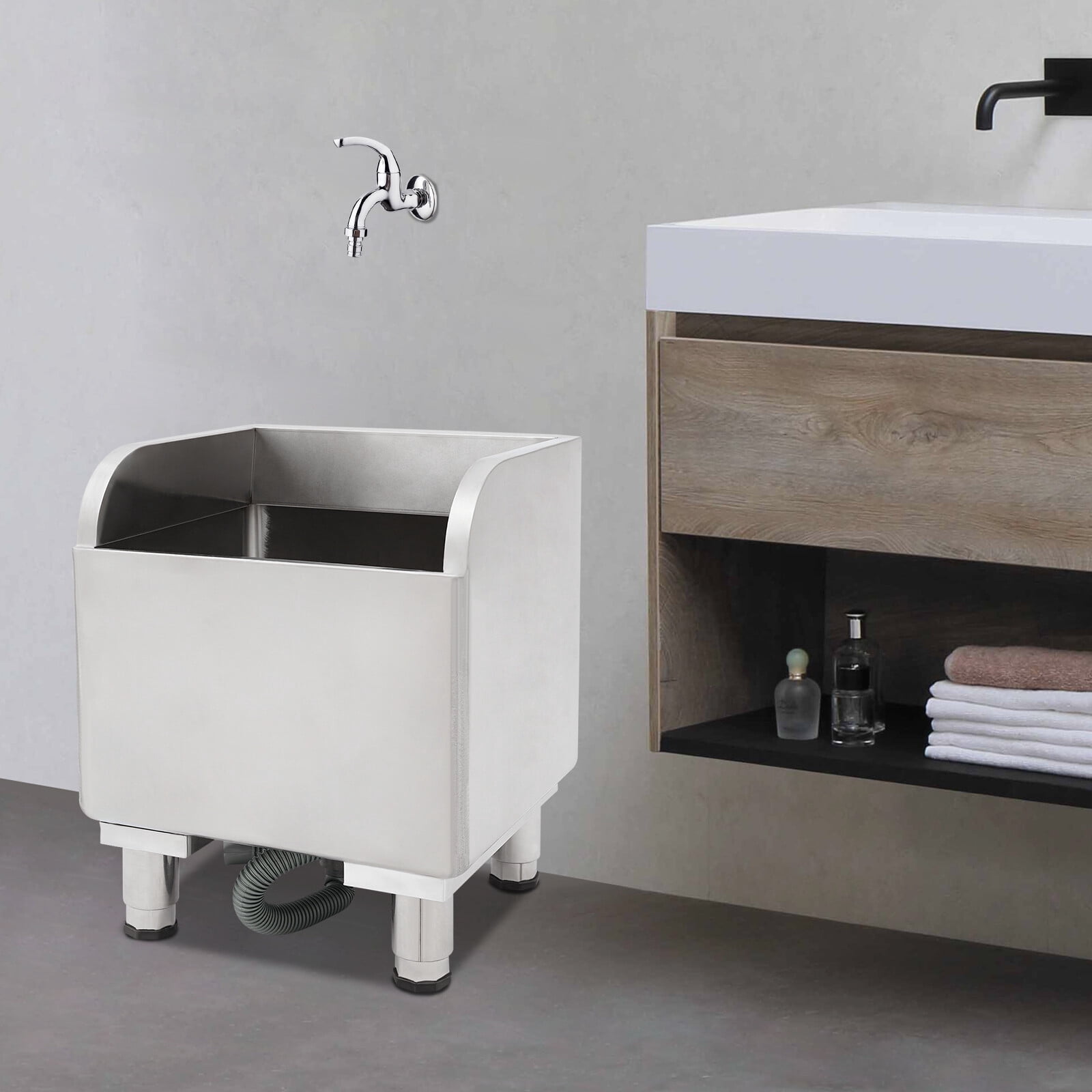 Stainless Steel Mop Sink, 45x41x50cm Utility Sink Laundry Tub with 10cm Legs, Freestanding Large Drain Basin for Cleaning