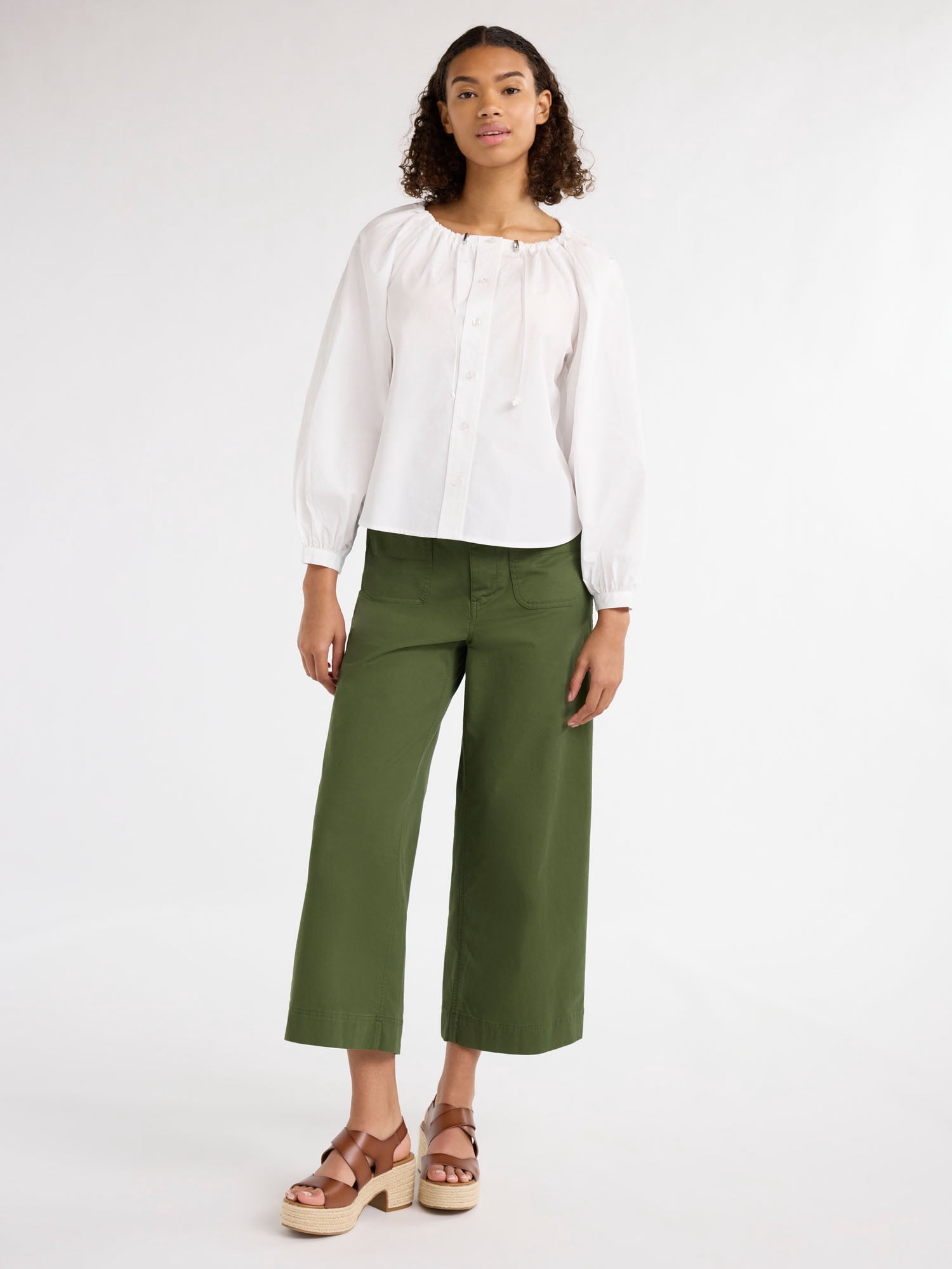 Free Assembly Women's and Women's Plus Gathered Neck Cotton Top with Long Sleeves, XS-4X
