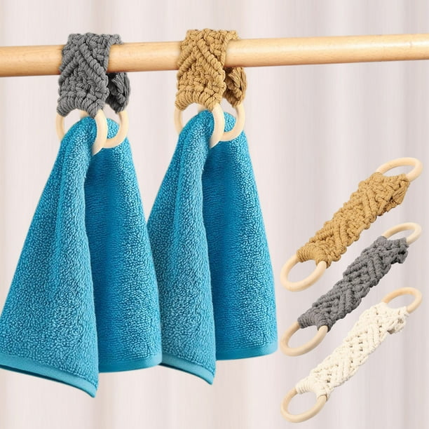 Toallero de Ganchillo Tejido a Mano con Anillas de Madera de Haya para Cocina, Baño E Inodoro (Juego de 3) En Blanco, Gris y Marrón.