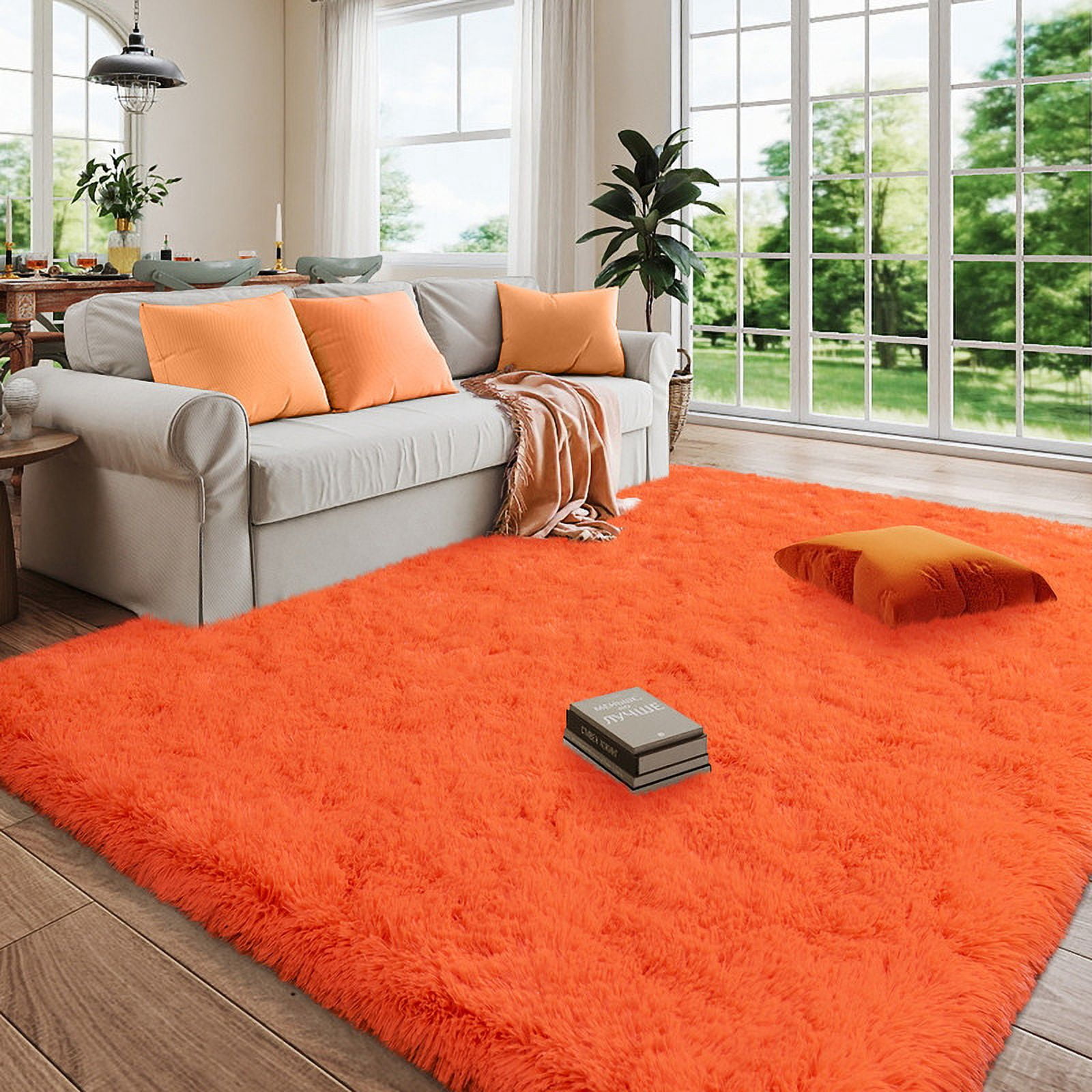 SARAG Indoor Outdoor Rugs 4x6ft Area Rugs For Living Room, Large Fluffy Black Rugs For Bedroom, Soft Carpet Shag Kids Room Rug, Non-Slip Stickers Rugs Indoor Orange