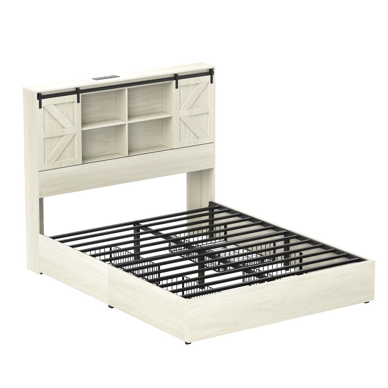 Uforic Farmhouse Queen Bed Frame With Bookcase Headboard & LED Lights, Storage Bed with Power Outlets, White