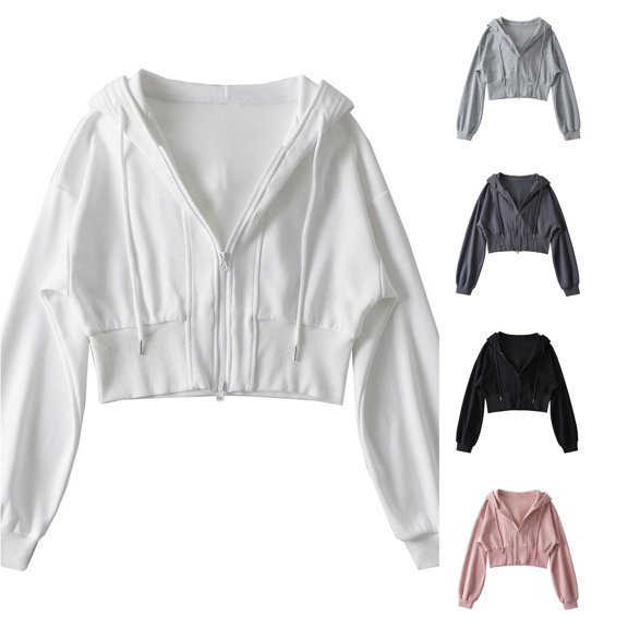 CUSTG Women Zip Up Hoodie Cropped Double Zipper Sweatshirt Casual Streetwear Solid Color Long Sleeve Stylish Tops Daily Wear