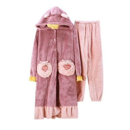 

PIKADINGNIS FUNISHI Coral Fleece Cartoon Nightdress Women Sleepwear Hooded Plus Size Loose Version Inspissate Pajama Set Winter Pajamas
