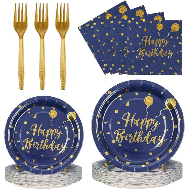 Juego de platos y servilletas de feliz cumpleaños, platos de papel desechables y servilletas con tenedores, juego de vajilla para decoraciones de fiesta de cumpleaños
