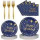 thumbnail image 1 of Juego de platos y servilletas de feliz cumpleaños, platos de papel desechables y servilletas con tenedores, juego de vajilla para decoraciones de fiesta de cumpleaños, 1 of 4