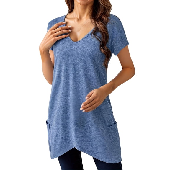 T Shirts For Women Womens Tops Summer Tunic Tops For Leggings With Pockets Short Sleeve Casual Long T Shirts S 3XL