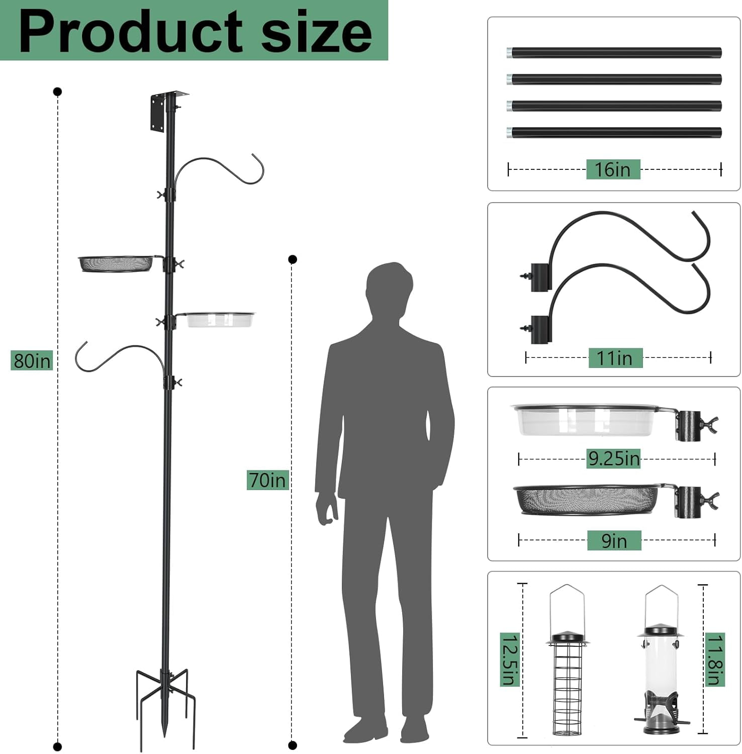 2-Hooks Bird House Pole Stand Kit 80 Inch Multi Feeders, Bird Bath, Feeder Tray - Heavy Duty Bluebird Feeder Support Rod Mount Set for Outdoor