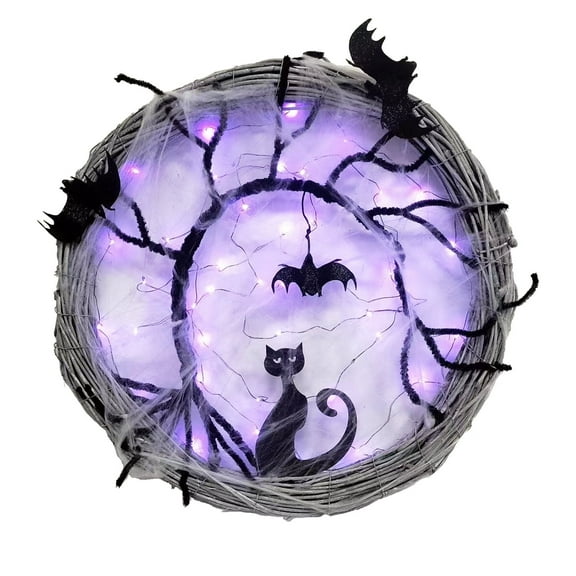 Wiher 18.8Inch Lighted UP Bat and Cat Halloween Wreath Decoration with Purple LED Lights,Battery Operated Horror Black Wreath Halloween Porch Decor