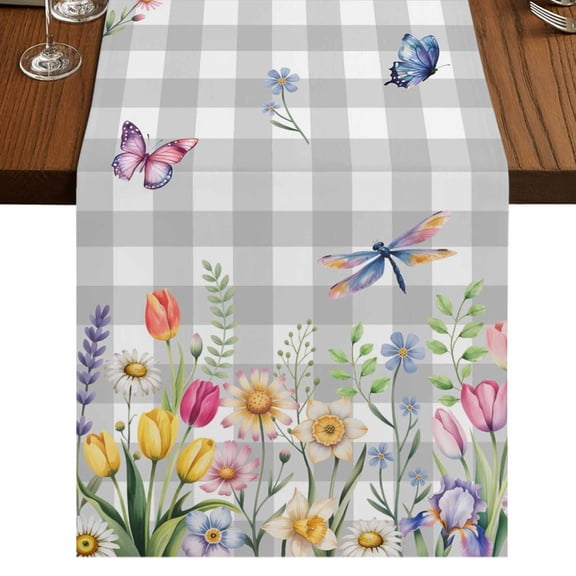 Wildflowers 70 Inch Table Runner, Spring Watercolor Tulip Floral Leaf Grey Plaid Farmhouse Dresser Scarf Cotton & Linen Tablerunner for Dining/Kitchen Island/Holiday Party Décor 13" x 70"