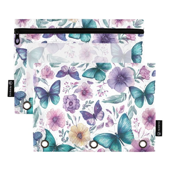 2 Pack 3 Ring Binder Pouch with Clear PVC Window Water Resistant Zipper Pencil Pouch Soft Colors Butterflies Binder Pocket for Classroom Office Home Stationery Organization