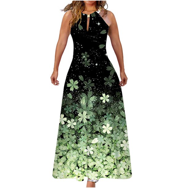 Vestido sin mangas con hombros descubiertos y cuello redondo estampado a la moda de verano para mujer Pompotops ghjkhdj6480