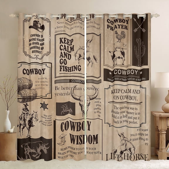 Homewish Cowgirl Cowboy Black Out Curtains, Farmhouse Lodge Cabin Curtains Pack of 2 (42x63 Each), Vintage Fashion Newspaper Bedroom Curtains, Blackout Curtains Bedroom Decor