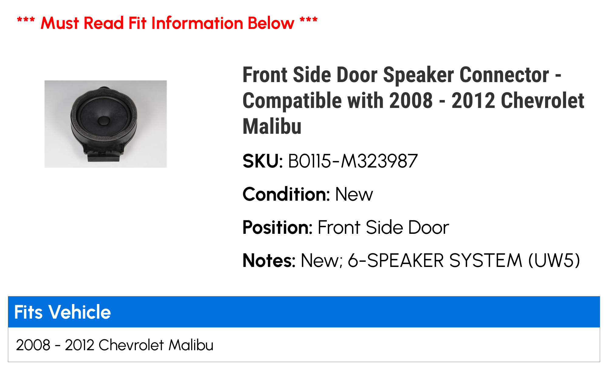 Front Side Door Speaker Connector - Compatible with 2008 - 2012 Chevy Malibu 2009 2010 2011