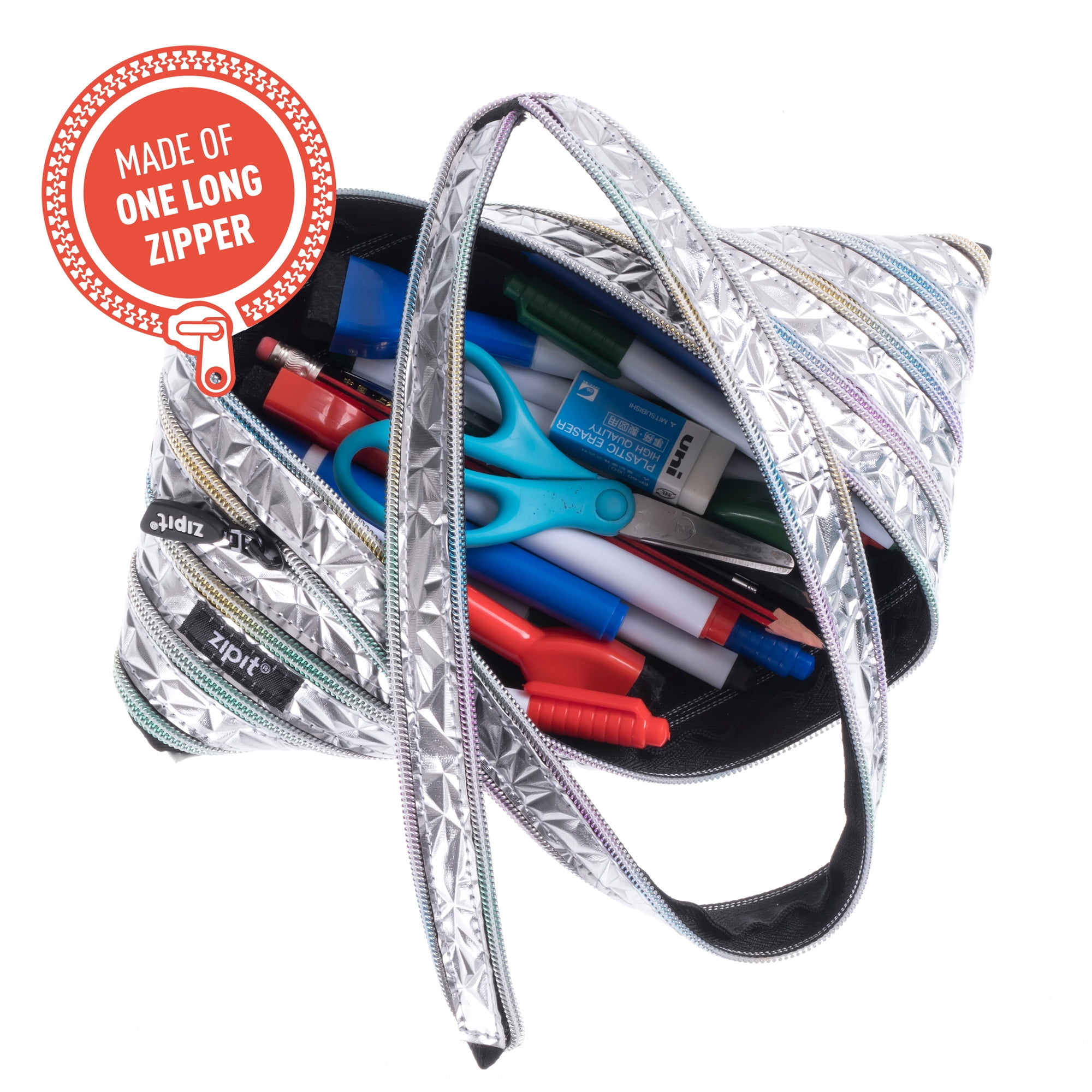 ZIPIT Metallic Large Pencil Case for Girls, Large Capacity Pencil Pouch, Case for Elementary School & Middle School (Silver-Rainbow)