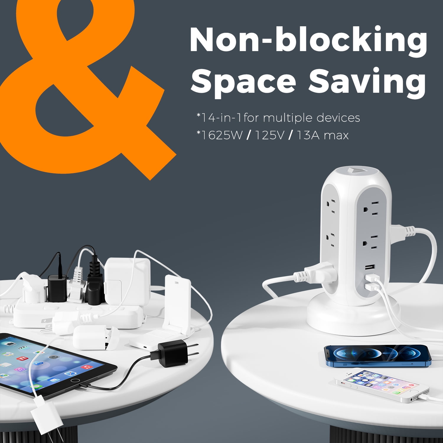 11-Outlet Spinning Charging Tower,  Power Strip with 5ft Ultra Thin Retractable Extension Cord and 3 USB Ports, 1050J Surge Protector, Gray