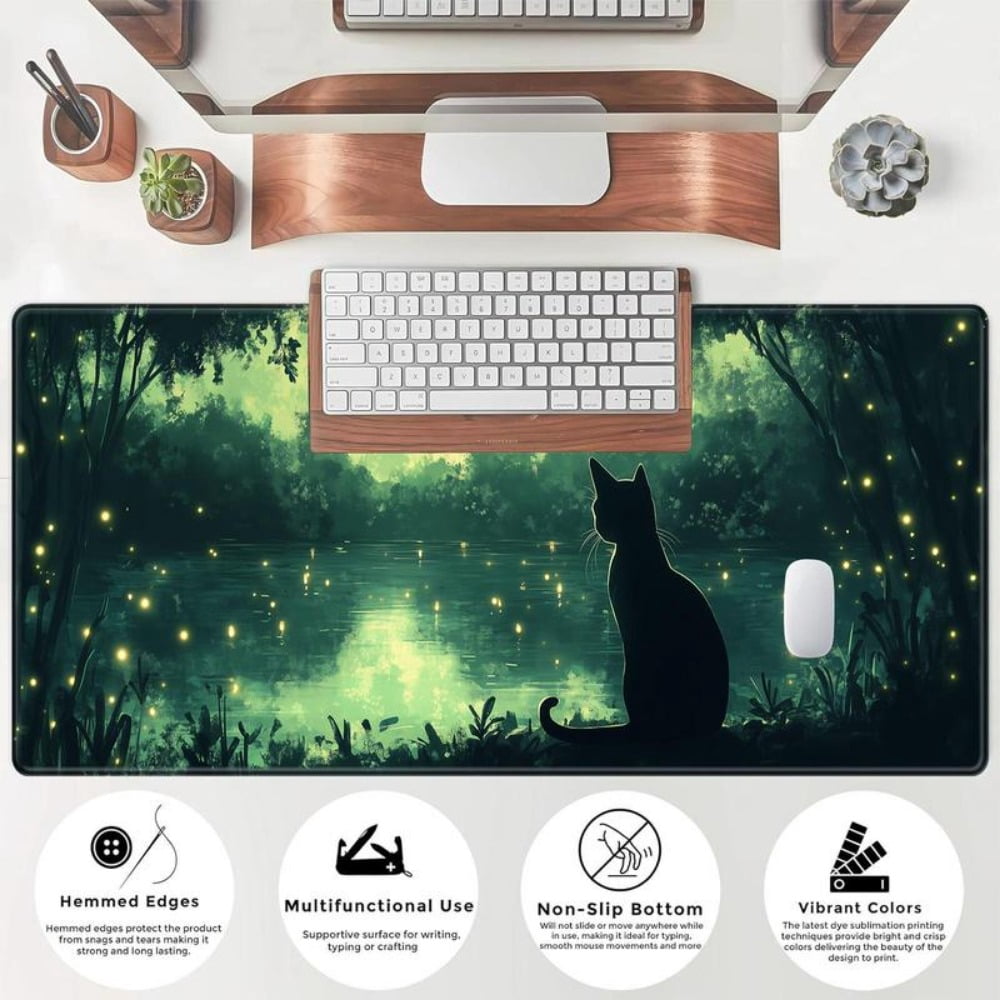HELLOYOUNG Gaming Mouse Pad, Extra Large Non-Slip Mouse Mat, Cat and Forest Pattern Computer Desk Pad with Stitched Edges for Office & Home Decor