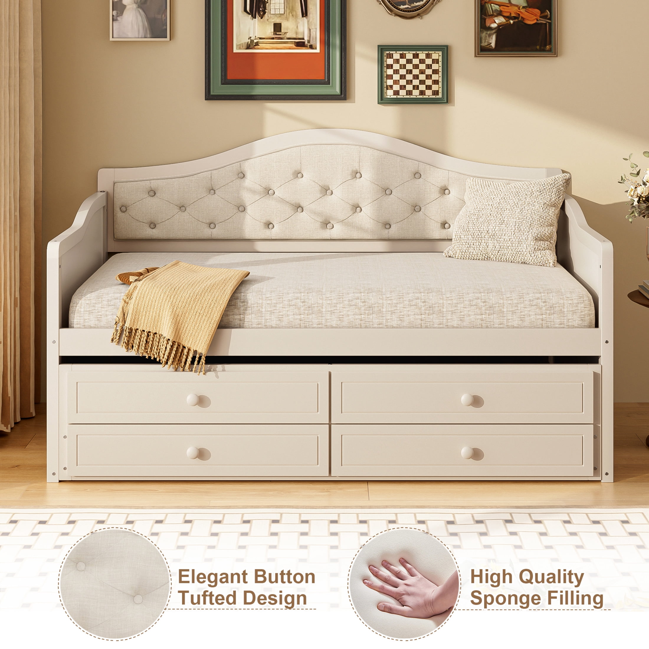 Noble House Twin Daybed with Trundle, 2 Storage Drawers, Upholstered Tufted Backrest, Beige