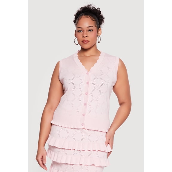 Women's Plus Size Heart Geometric Pointelle Button Front Vest