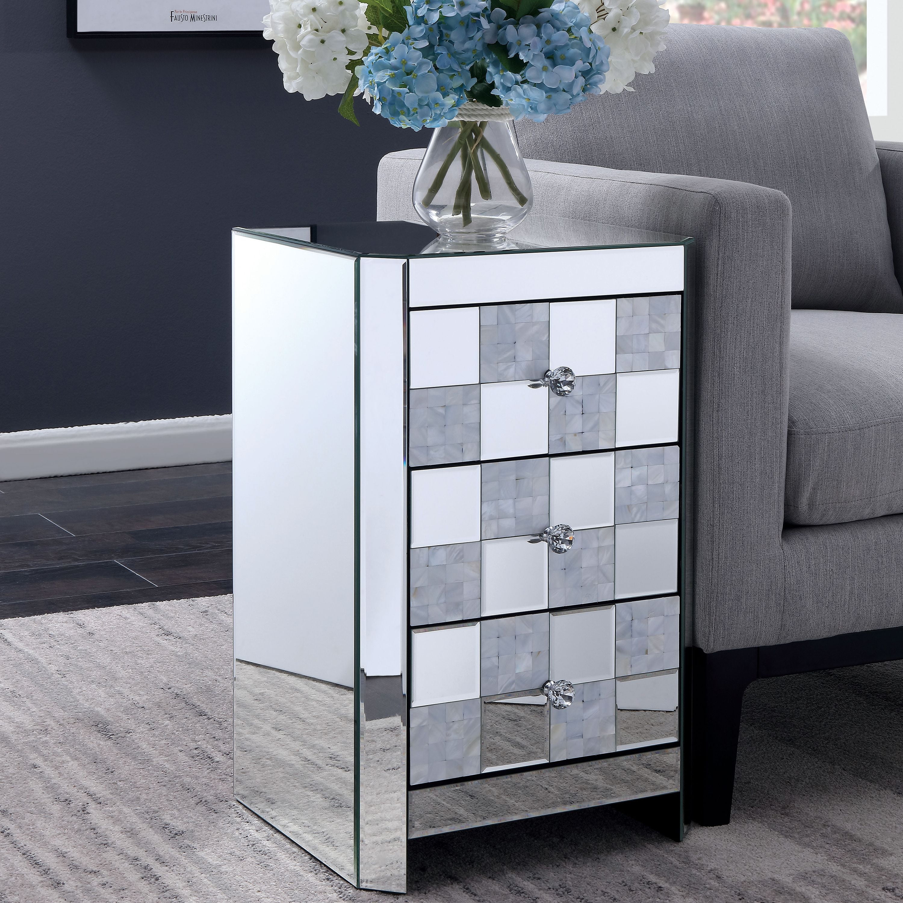 Furniture of America Hansel Mirrored 3Drawer Side Table, Silver
