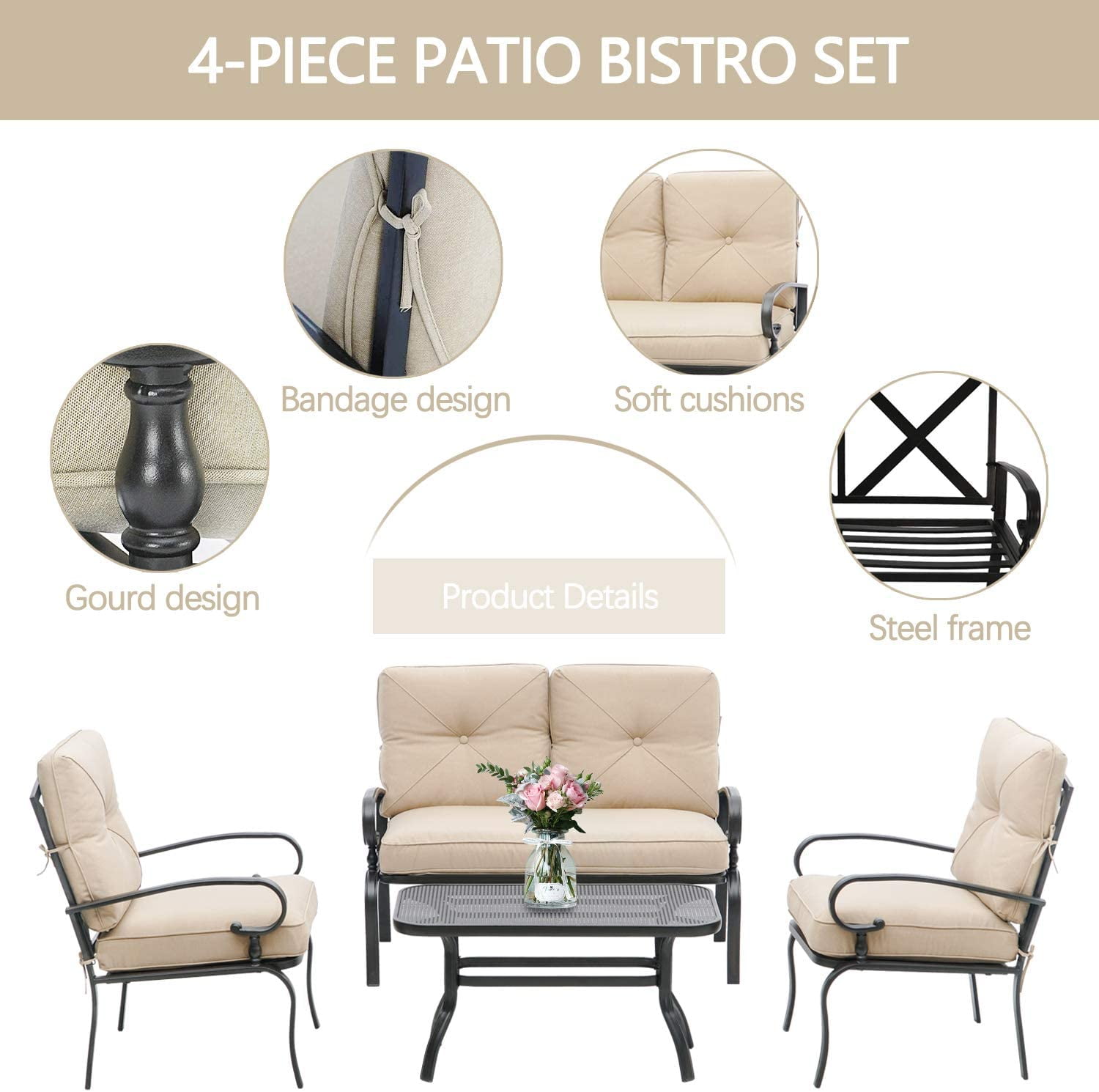 SOLAURA 4-Piece Outdoor Furniture Patio Conversation Set with Metal Table and Seating Cushions for Garden, Deck, Balcony, Pool, Porch, Lawn (Brown)