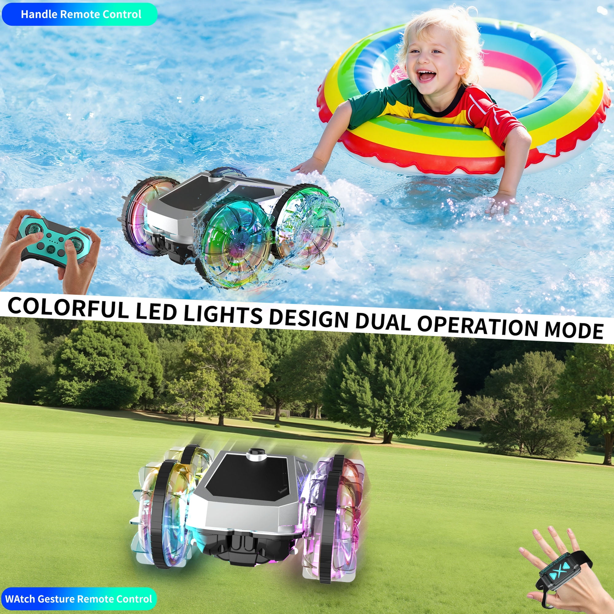 UUGEE Remote Control Car Car Toys for Boys, 2.4 GHz 4WD Amphibious RC Car Boat, 360°Rotation RC Truck Stunt Cars with LED Lights, Christmas Birthday Gifts for 8 9 10 Kids Girls